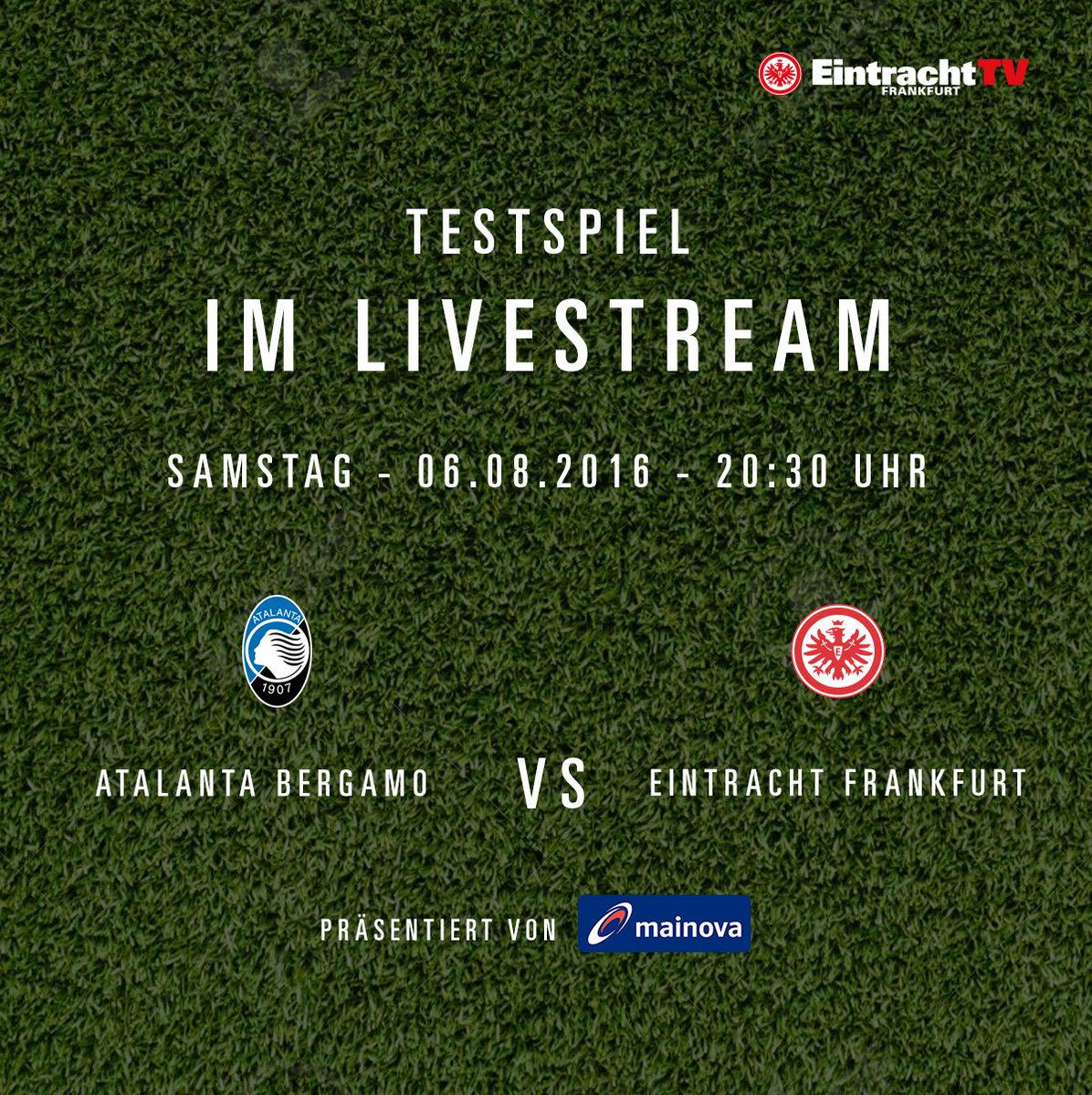 Eintracht's tweet photo. 🔝 Präsentiert von @MainovaAG: Livestream aus Bergamo auf EintrachtTV, #SGE Facebook + Mainova Facebook. Sei dabei! https://t.co/Aq4FMtdKxq