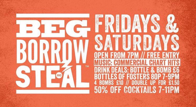 Free entry &amp; great drinks deals all weekend <a href="/BegBorrow_Steal/">Beg, Borrow & Steal</a> start your weekend with us at 7pm #sheffieldissuper