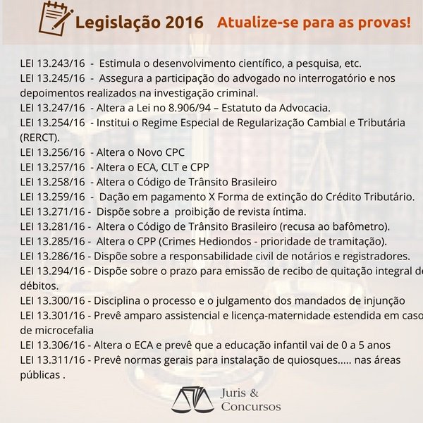 Revise as Novidades Legislativas de 2016! Elas estarão em suas próximas provas! goo.gl/vimKxv