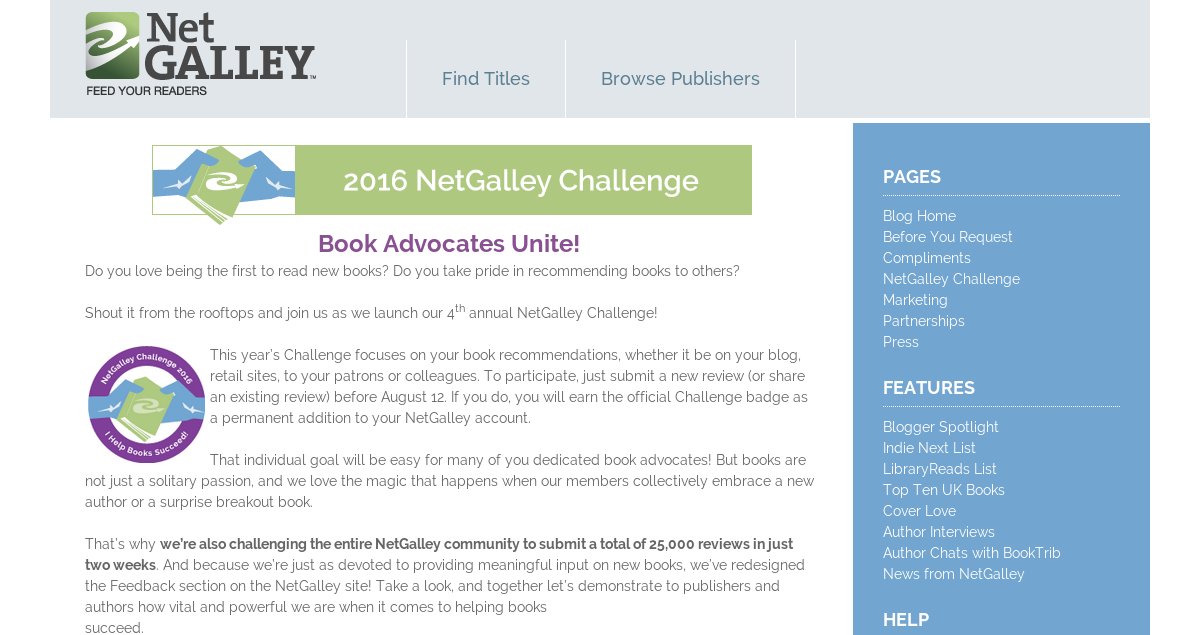 Do you help books succeed? Join the 2016 <a href="/NetGalley/">NetGalley</a> Challenge! #BookAdvocatesUnite bit.ly/NGChallenge