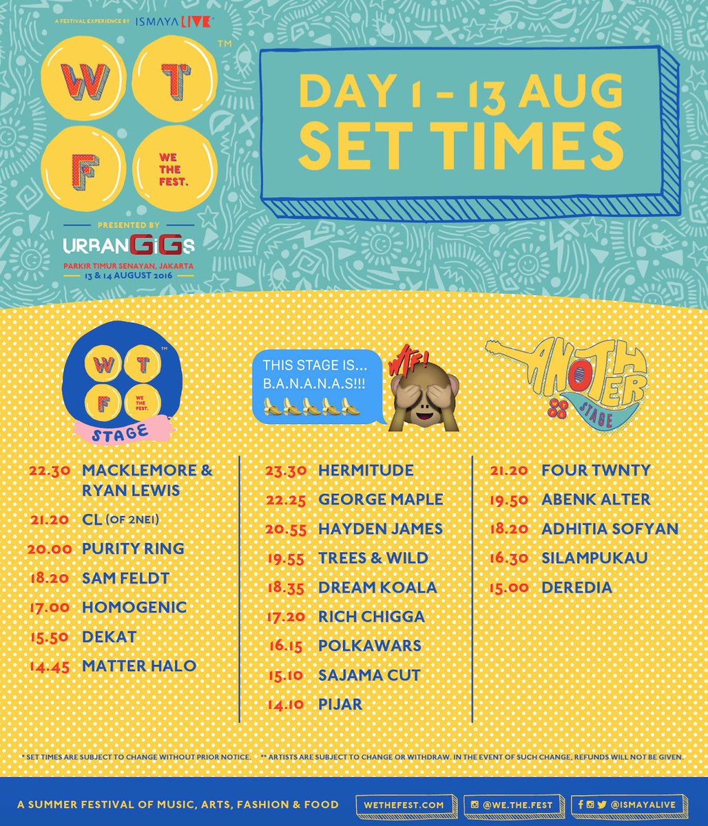 Here is the set times for #WTF16 day 1! Download the WTF16 app on your phone to see more stuff!