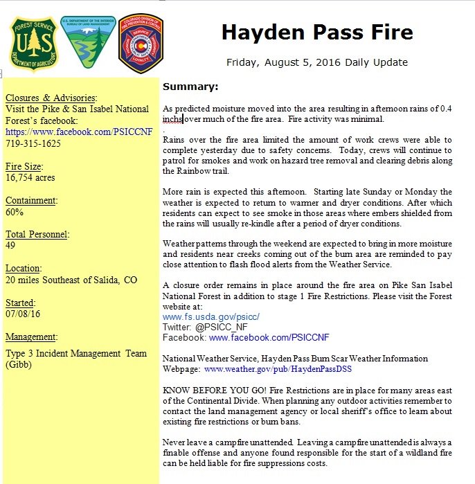 HaydenPassFire's tweet photo. Hayden Pass Fire Daily Update Friday 8/5/2016 https://t.co/UMFz4HUqw8