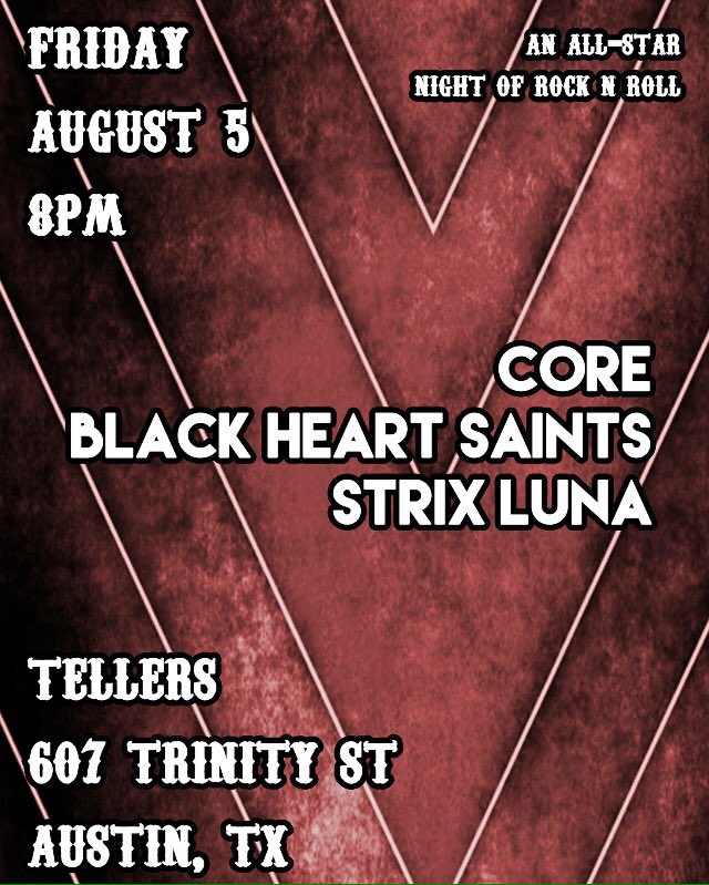 strixlunaband's tweet photo. Tonight! @TellersAustin #core #strixluna #blackheartsaints #austin #sixthstreet #rocknroll https://t.co/osEWOoDNT9