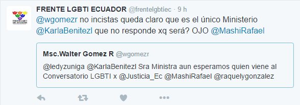 DianeRodriguezZ's tweet photo. @ledyzuniga en @FedeLGBT sabemos trabajo histórico de @Justicia_Ec No se dej intimidar x coercitivos cc @MashiRafael https://t.co/ru0O9HcOBn