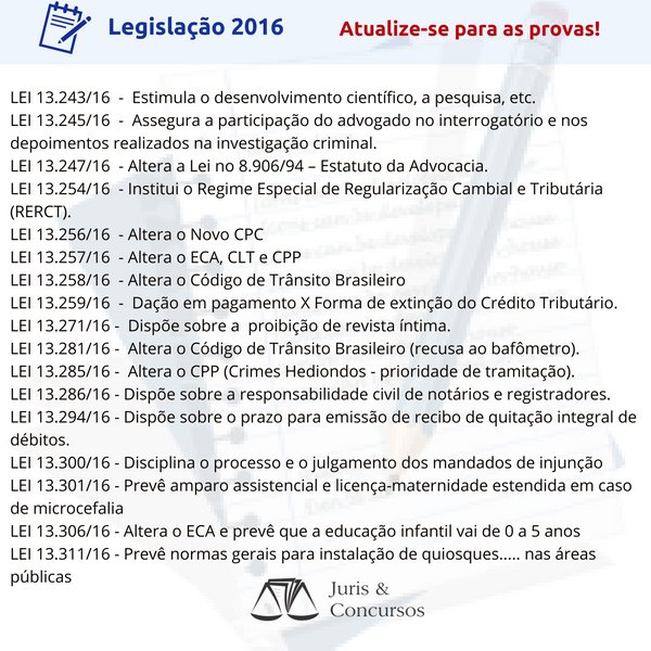 Revise as Novidades Legislativas de 2016! Elas estarão em suas próximas provas! goo.gl/vimKxv