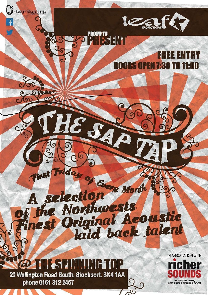 leafpromotions's tweet photo. TONIGHT! @SpinningTopSK4  "SAP TAP" acoustic w/ @maybefrankmusic @baxterrhodes @DogginKy FREE ENTRY- doors 7.30.RT x https://t.co/nSMe9AC0kT