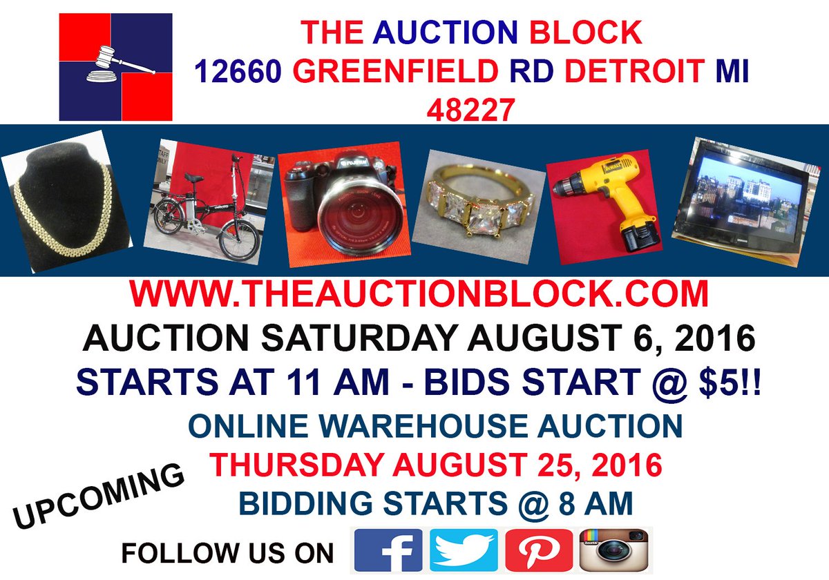auctionblockdet's tweet photo. AUCTION THIS SATURDAY AUG.6, 2016. STARTS @ 11 AM. BIDS BEGIN @ $5 https://t.co/BVtUZntXXr https://t.co/0AfawDsvNU