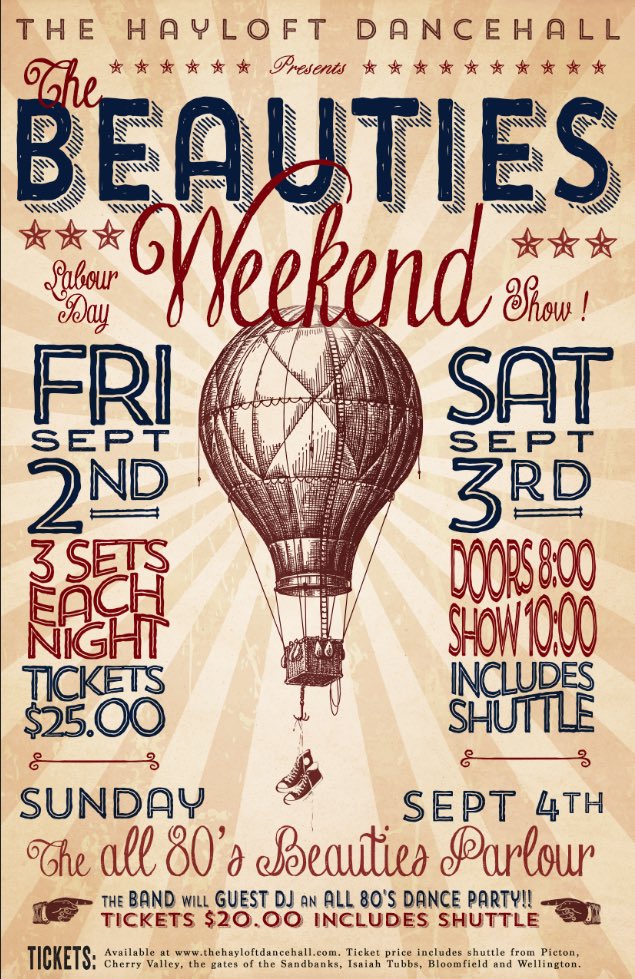 Miss the <a href="/thebeautieslive/">The Beauties</a>? Our cousin <a href="/thehayloftPEC/">TheHayloft Dancehall</a> has a special weekend planned!! Tix tinyurl.com/h8dly2l