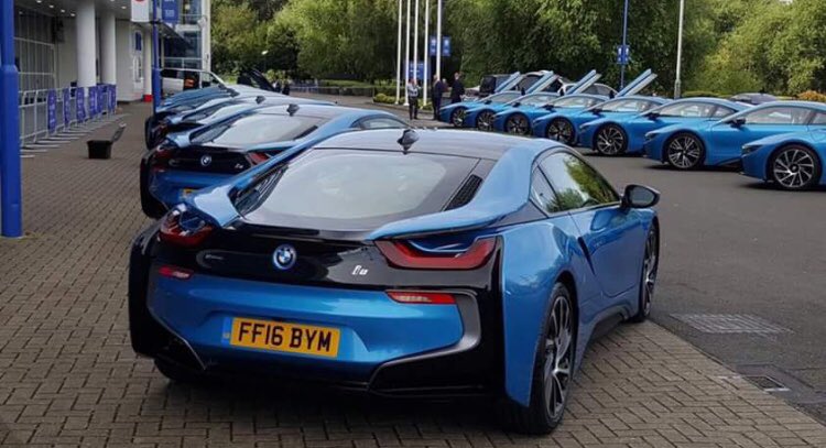 19 BMW i8's delivered to Leicester City's King Power Stadium. A gift to the players for last season. #squadgoals