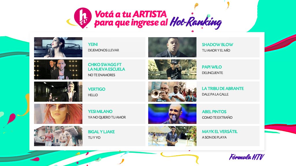 HTVMusica's tweet photo. #FórmulaHTV ¡Coméntanos cuál es tu artista favorito y ayúdalo a llegar al #HotRanking! ➤ ¡Comienza a votar ahora! 👇🎤 https://t.co/E2i8A7XPyV
