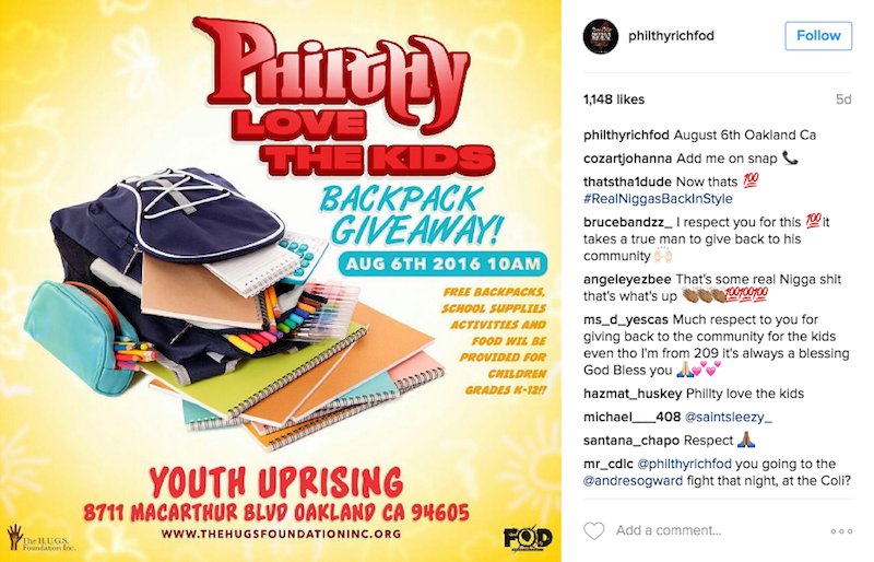 TheThizzler's tweet photo. This week @philthyrichFOD plans a backpack giveaway in East Oakland:
#ThisWeekInTheBay
https://t.co/zZTkhuLtjJ https://t.co/Cs44wBXTgf