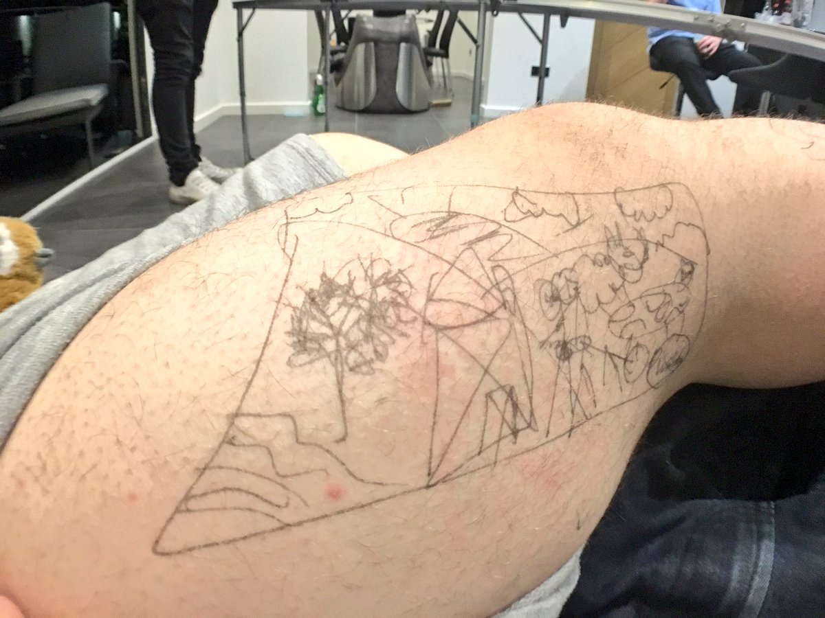 Syndicate's tweet image. I gave my friend a pen tattoo, he said he would tattoo it permanently for £20,000 to charity! Like if we should!😂