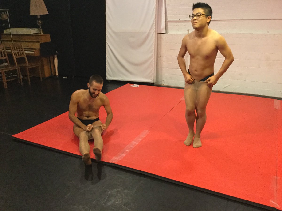 DiabloWrestler's tweet photo. Howl &amp; Dachi working hard today to get into their pantyhose for this shoot! Some difficulties? @HowlDownTheMoon https://t.co/lCV8U9G0SI
