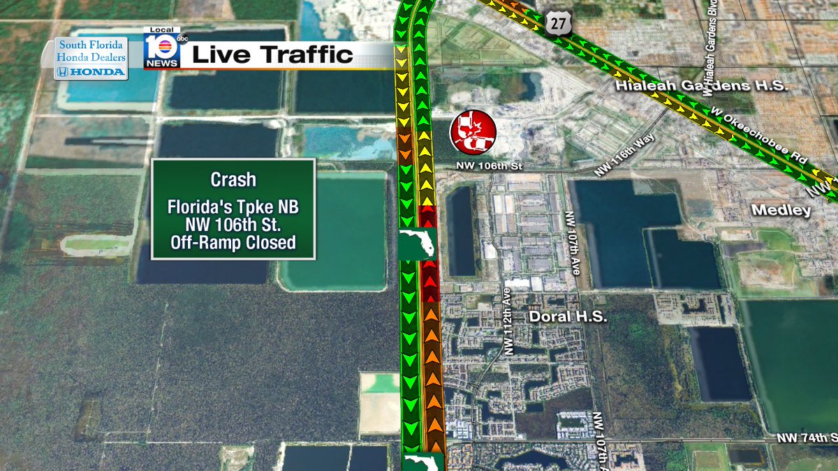 CRASH: Florida's Turnpike NB & NW 106th St. Off-ramp is blocked. Expect delays. #TRAFFIC #MIAMI https://t.co/YpgBWEbCDf
