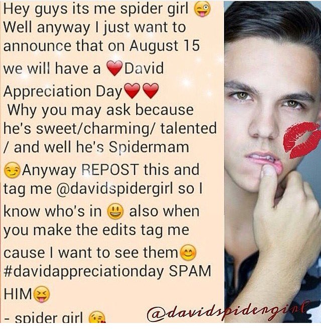 DCSStreetTeam's tweet photo. Two years ago, @davidspidergirl created #DavidsAppreciationDay !! Don't forget, Scarzonians! August 15!! ~Stephy(: https://t.co/0EgRj424SP