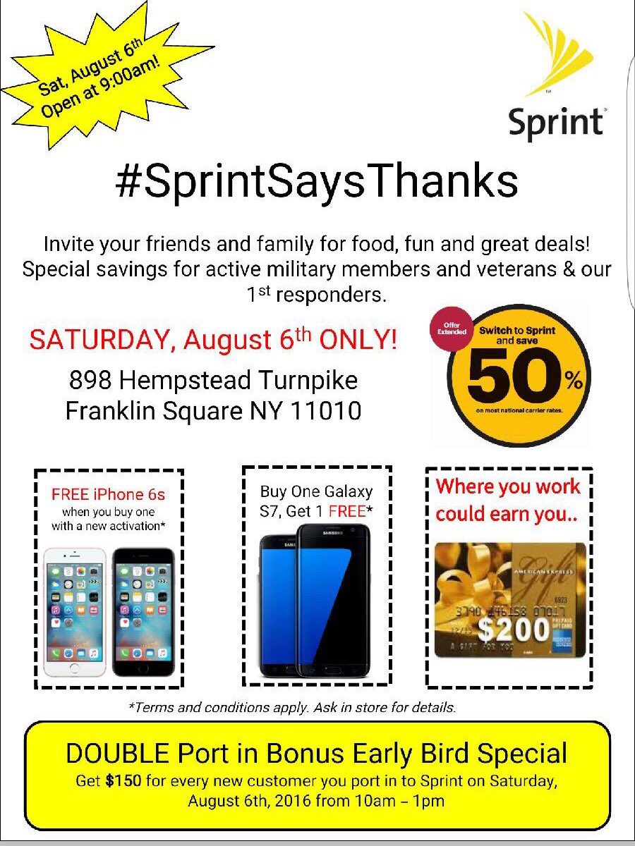 SprintFSQ's tweet photo. #SprintSaysThanks Double port in early bird special!!! Get $150 from 10am - 1pm plus receive 25% Off Accessories! https://t.co/kUEfAiRs1c