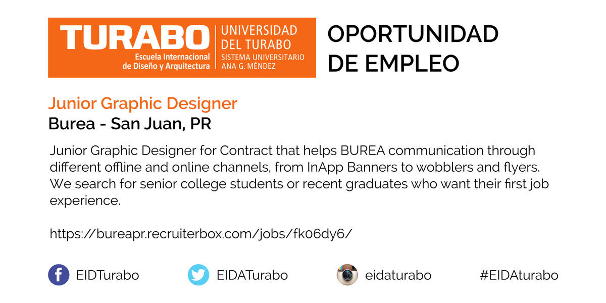 EIDA_UAGMGurabo's tweet photo. Oportunidad de empleo en @bureapr en #SanJuan: Junior #GraphicDesigner https://t.co/dtqzcCs61a #EIDAturabo https://t.co/ShglwworB1