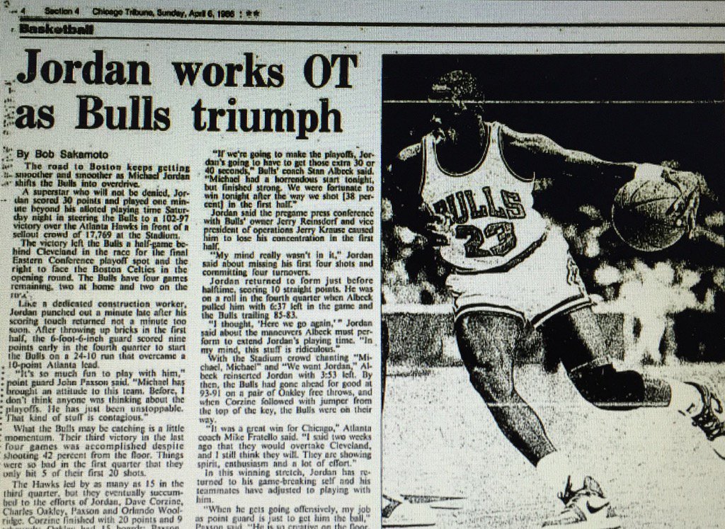 BullsHistory's tweet photo. MJ scored 30 in 30 mins in the #Bulls playoff critical OT win v Atlanta on April 5, 1986 #BullsHistory #NB86 https://t.co/qdGCDEK5rT