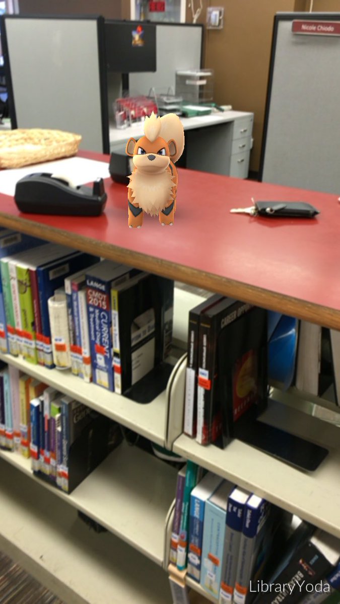LaneLibStanford's tweet image. We spotted a Growlithe on top of our Course Reserves shelves. #PokemonGO #LaneGO
