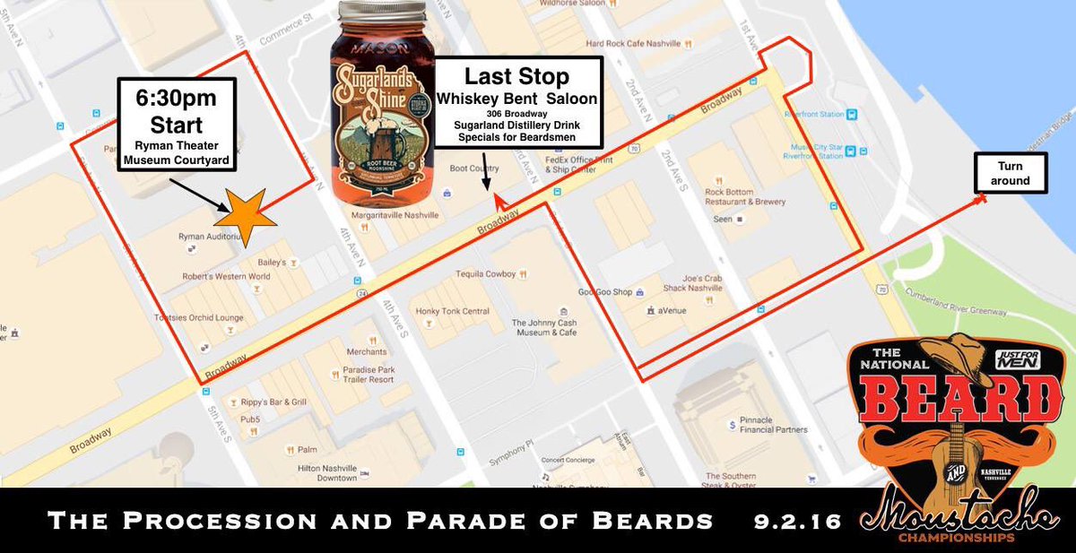 Parade of #Beards route announced! #BeardChampsUSA + #Nashville + <a href="/SugarlandsShine/">SugarlandsDistilling</a> + <a href="/WhiskeyBentNash/">Whiskey Bent Saloon</a> 💯