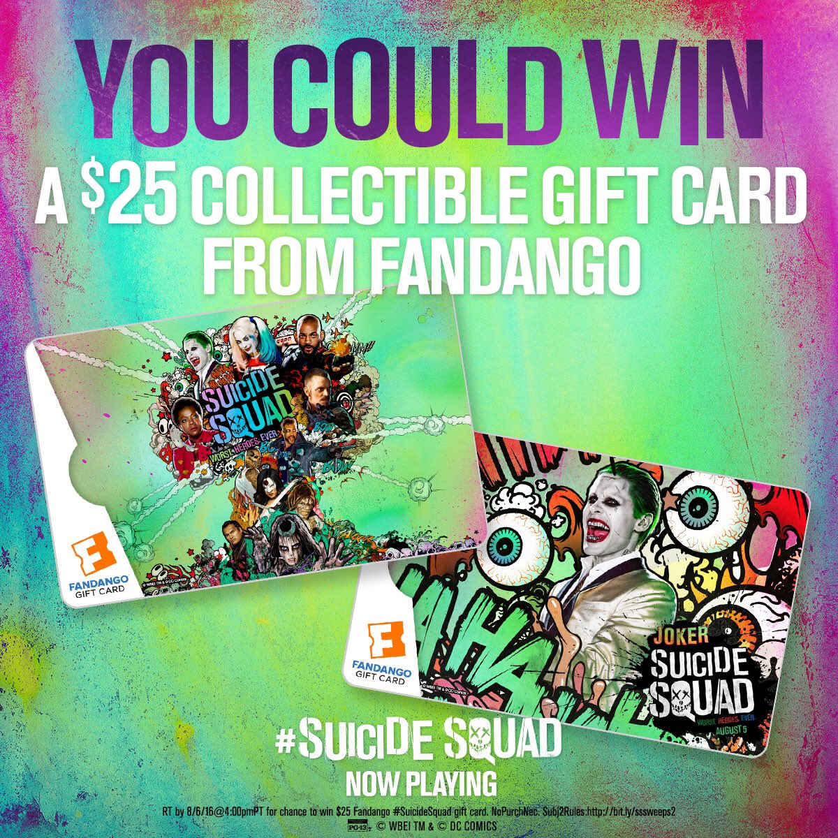 SuicideSquadWB's tweet image. Let's have some fun! RT for a chance to win a #SuicideSquad gift card. Subj2Rules: bit.ly/sssweeps2