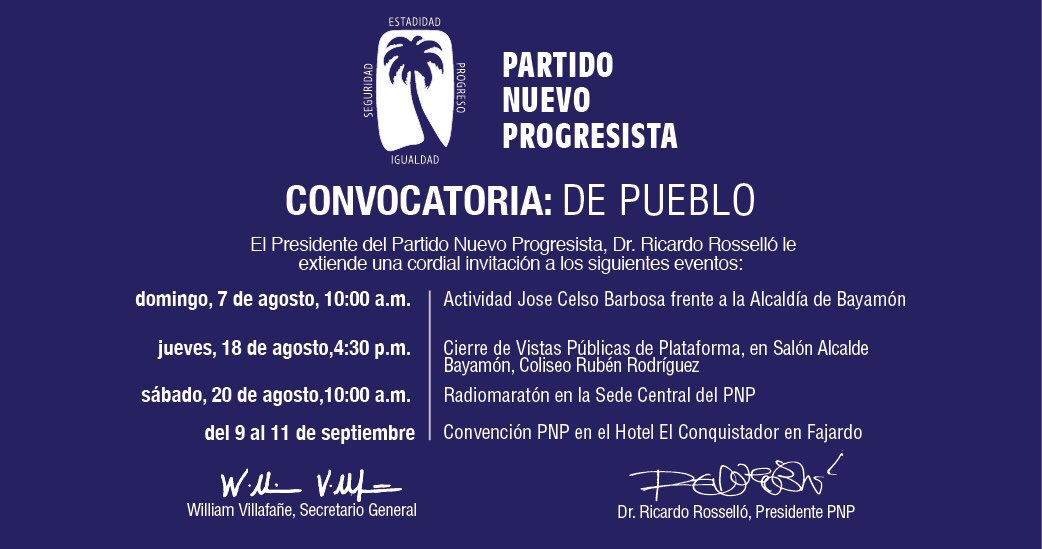 VillafanePR's tweet photo. Convocatoria de Pueblo #BarbosaVive #Estadidad #PlanPR #RadiomaratónPNP #ConvenciónPNP @pnp_pr @ricardorossello https://t.co/EBiMpJyGc5