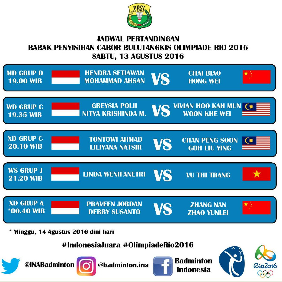 Jadwal pertandingan bulutangkis olimpiade