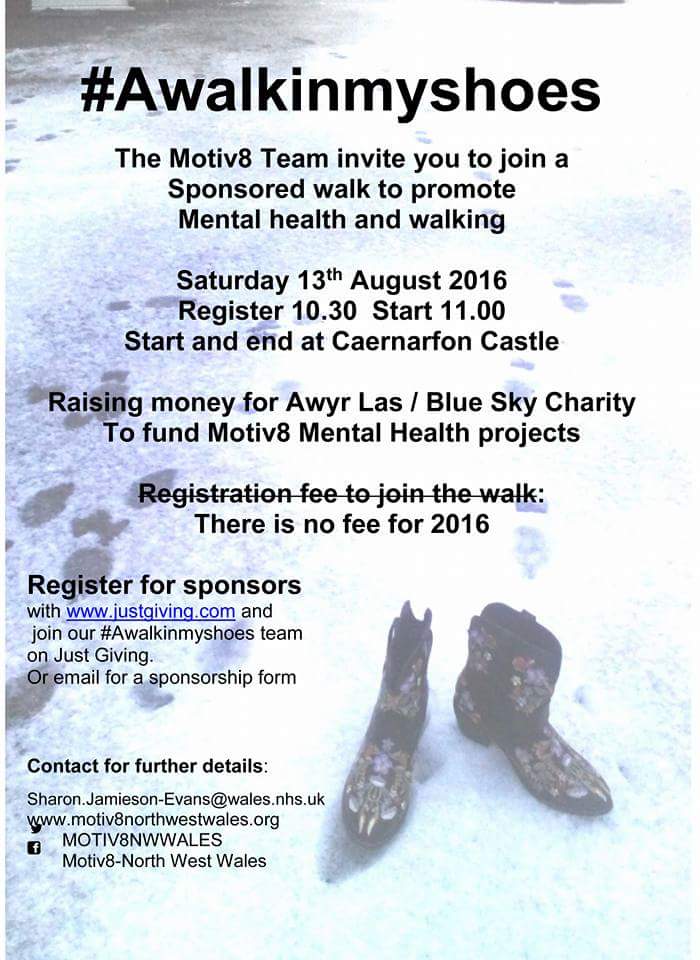 MOTIV8NWWALES's tweet photo. #Awalkinmyshoes #Getnwalesmoving join us for all / part of walk Saturday 13/08/16. #1week2go #mentalhealth https://t.co/RP7rSAw7Zf