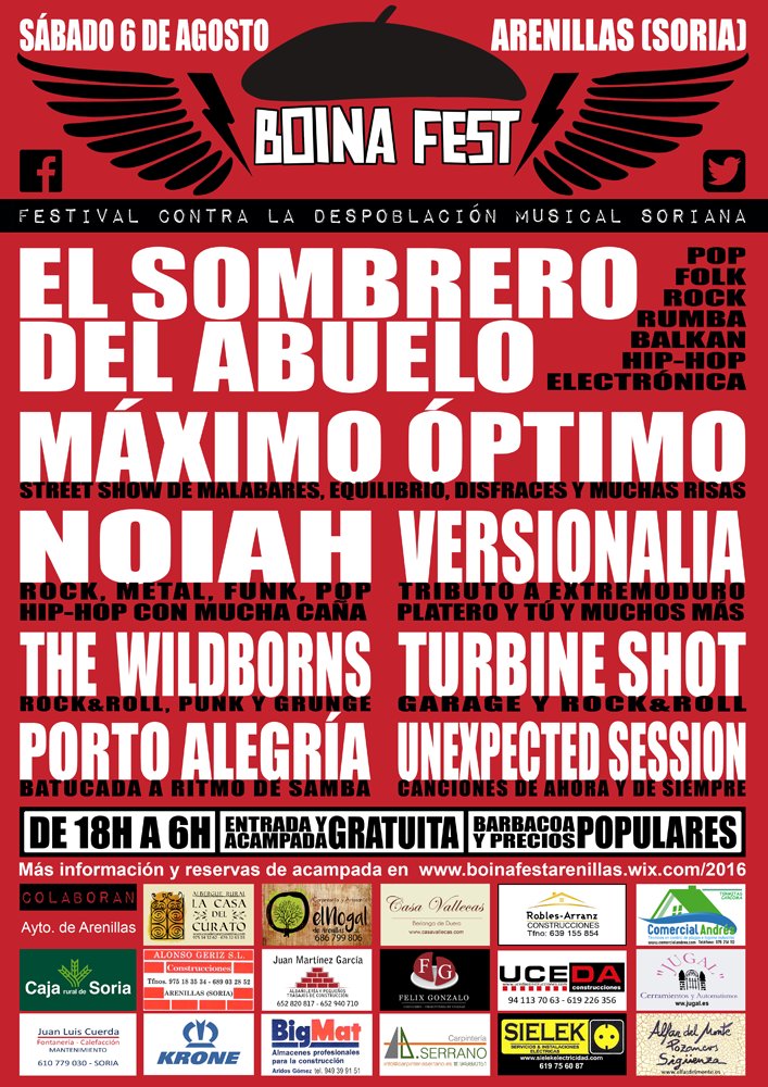 Boina_Fest's tweet photo. Hoy @Boina_Fest! a las 18h @PortoAlegria #MáximoÓptimo @Wildborns #TurbineShot @noiahmusic #Versionalia #Unexected https://t.co/OOZ9OIfLxx