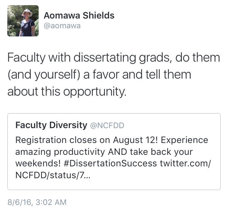 NCFDD's tweet image. Thanks, @aomawa! We appreciate the share and the recommendation! #DissertationSuccess