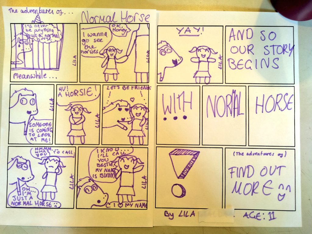 Raygun_comics's tweet photo. The Adventures of Normal Horse!
By Lila, aged 11
#comics #drawing #makeyourowncomics
@beatonna !!! https://t.co/T86dgQPRXq