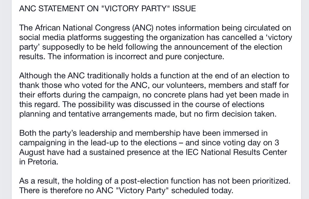 There is no ANC "Victory Party" scheduled today.