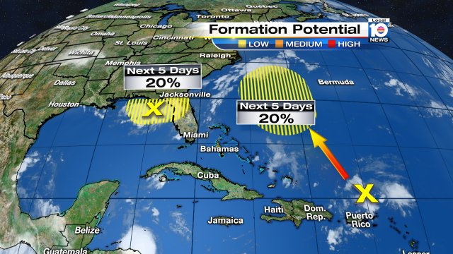 2 areas in the tropics with a low chance of developing in the next 5 days. @TrentAricTV has your forecast 5, 6 & 11 https://t.co/53DTJ8I1W5