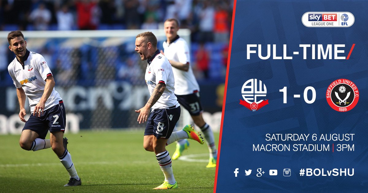 OfficialBWFC's tweet photo. FULL TIME: #BWFC 1-0 @SUFC_tweets. Bolton start 2016/17 @SkyBetLeagueOne season with a win! Jay Spearing the scorer! https://t.co/kQgYTUBlIY