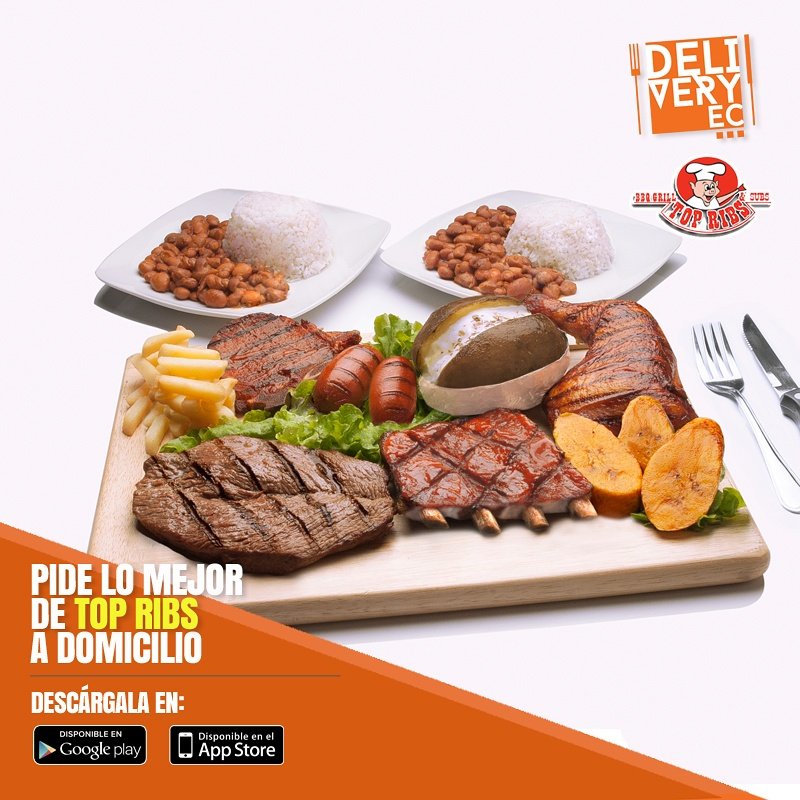 deliveryec's tweet image. Pide lo mejor de @TOPRIBS para tu almuerzo! Descarga nuestra App @DeliveryEC y pide tu comida favorita! #lamejorapp