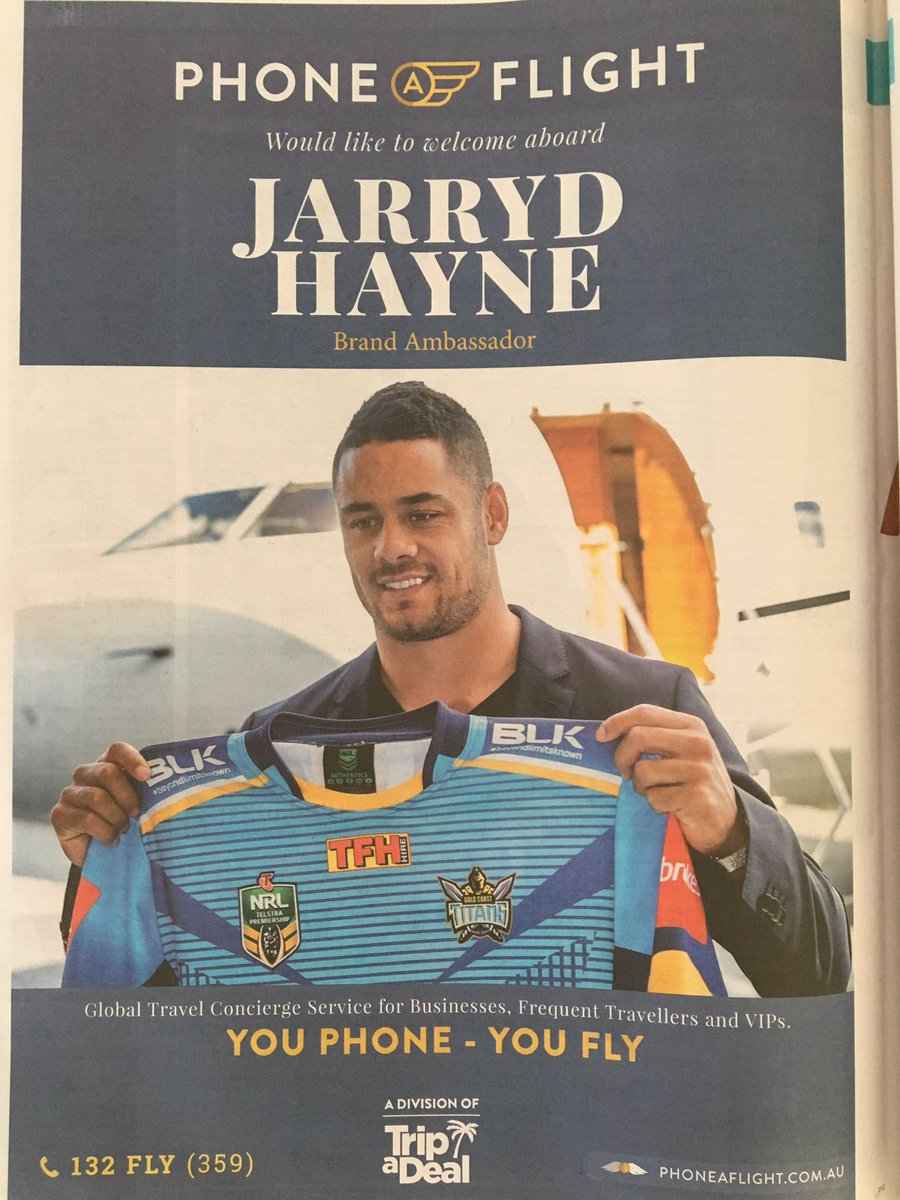 PhoneAFlight's tweet photo. Best of luck to our ambassador @JarrydHayne in his first game for the @GCTitans today! #phoneaflight #tripadeal https://t.co/NoMaKoWw7x