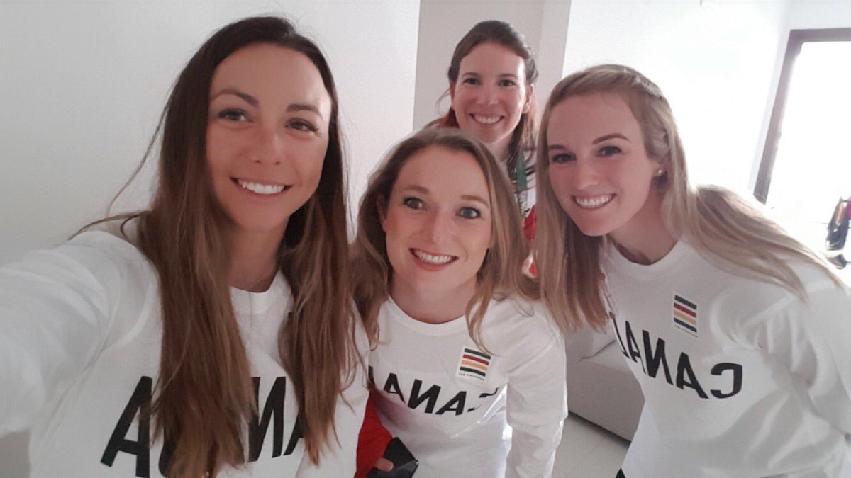 SailCanada's tweet photo. The ladies heading to ceremonies last night! #CAN #flagbearer #sailing #trampoline #teamcanada https://t.co/oijMXWoq7o