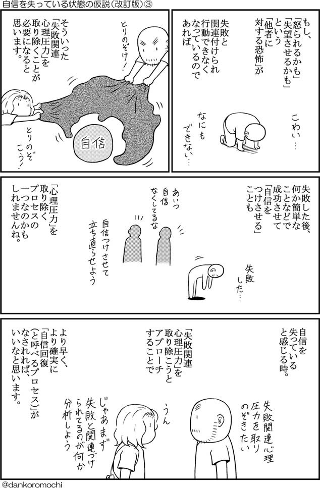 【エッセイ漫画】自信を失っている状態の仮説（改訂版）
以前描いたものを、より分かりやすくできればと思い、描き直してみました。
全三枚。 