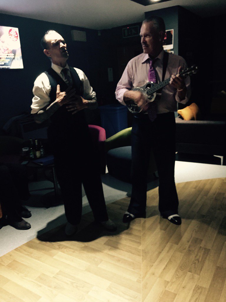 Look down that lonesome road, the 2 coolest guys in swing @twobarbreak &amp; <a href="/ukemon1/">Casey MacGill</a> are jamming in the bar #SurreyUni