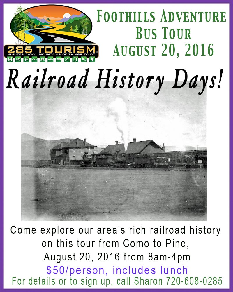 285Tourism's tweet photo. Foothills Adventure @285Tourism Bus Tour Aug 20: #Railroad #History Day! Call Sharon at 720-608-0285 to RSVP https://t.co/VJ5nDr912T