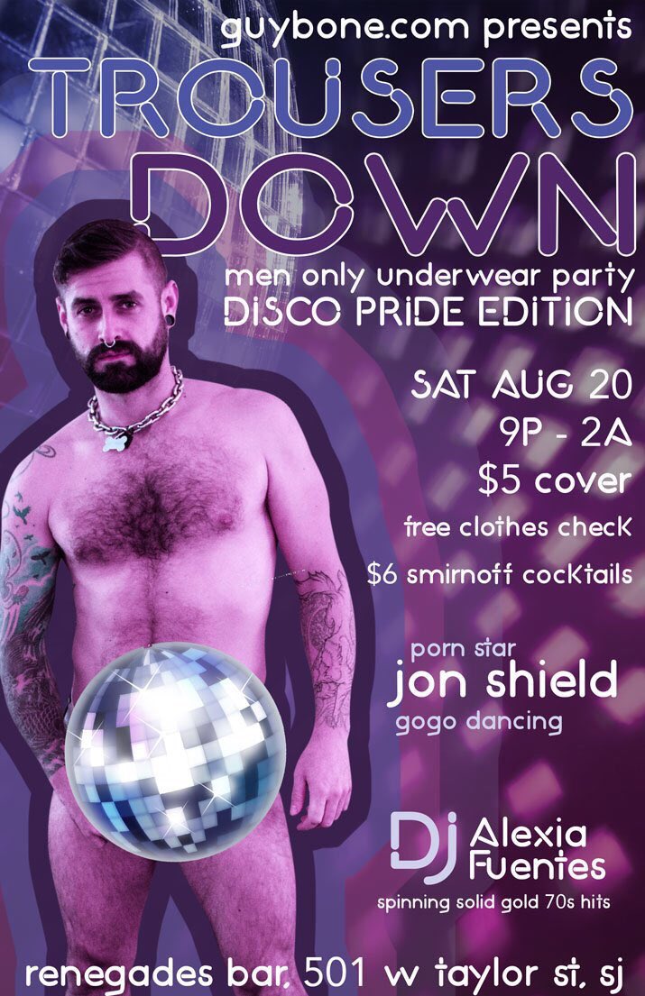 GuyBoneXXX's tweet photo. Couldn't get enough @Jonshieldxxx at @LazyBearWeekend? Watch him GoGo at #TrousersDown @RenegadesBarSJ
AUG 20 #LBW20 https://t.co/kXRiQ1zrk0