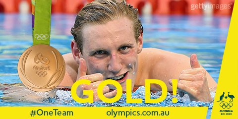 AUSOlympicTeam's tweet photo. GOLD! @_mackhorton wins the 400m free in 3:41.55! 

Our first gold at #Rio2016

#OneTeam https://t.co/yzBS19QSEK