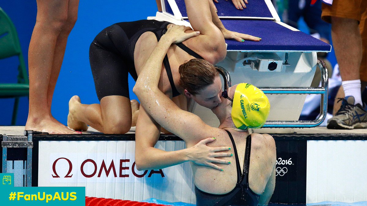 Optus's tweet image. Thanks for the record breaking #swimming Gold @emma_mckeon @catecamp @bronte_campbell @brittanyelmslie! #FanUpAUS