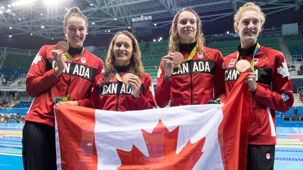 CanadianPM's tweet image. What a performance from #TeamCanada’s women's 4x100m freestyle relay team who just won the #bronze medal! #Rio2016