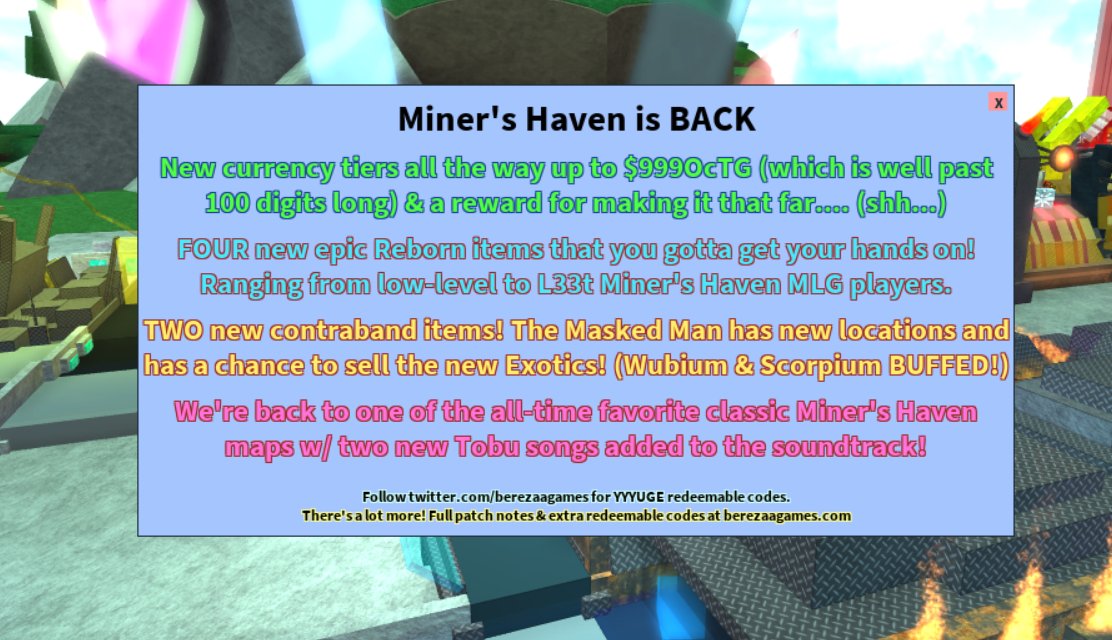 Berezaa Games Twitter Codes Miners Haven