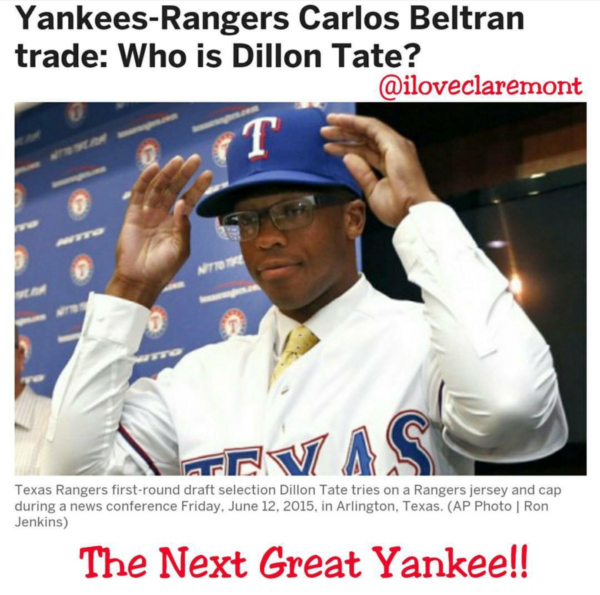 iloveclaremont's tweet photo. Congratulations to Dillon Tate !
Claremont is cheering for you !!
#DillonTate #iloveclaremont #Yankees https://t.co/IzW4e1mWMQ