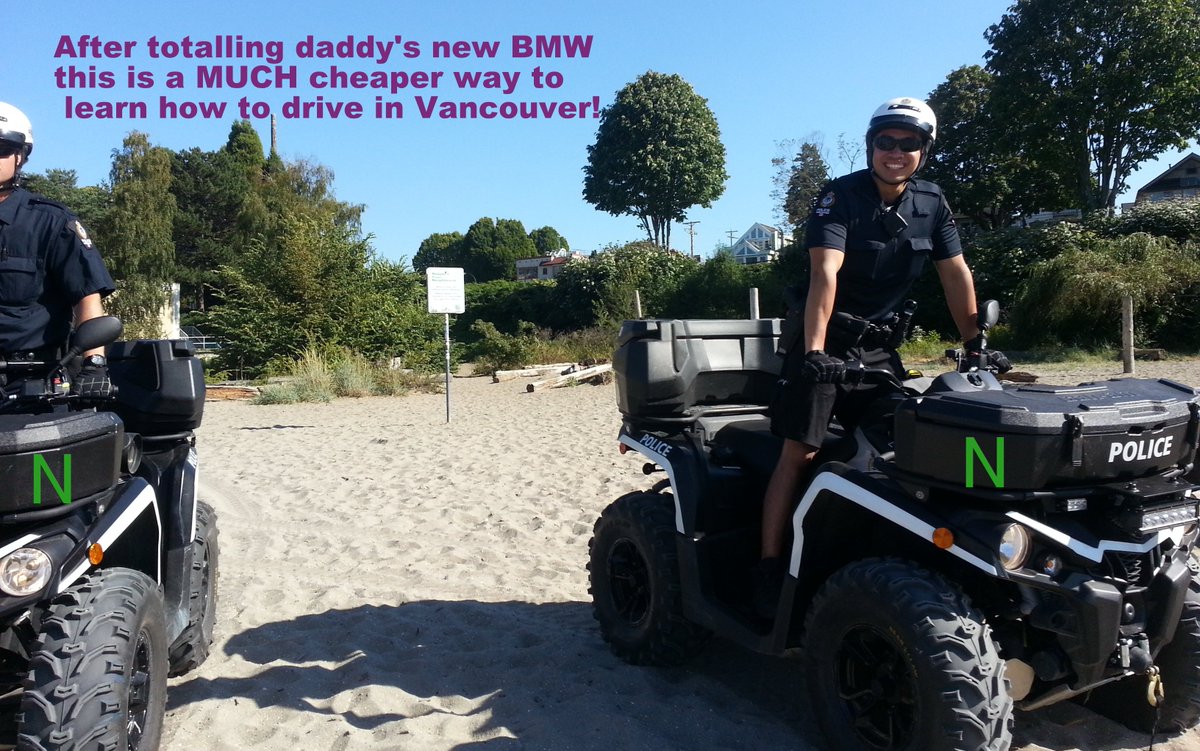 VancouverDogs's tweet photo. #VPD 's "New Driver" training @ #VanierDogBeach using #Quads 'n #Dogs to assist @DogsinVancouver and @PipsqueakPups https://t.co/WUgwDeJcq6