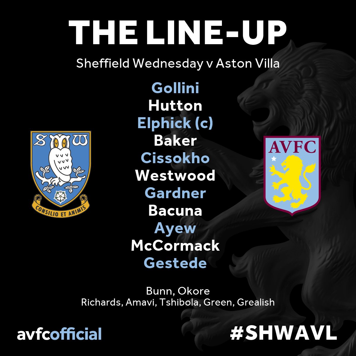 AVFCOfficial's tweet photo. Team news: Our line-up for opening day game with @SWFC. Newest signing Ross McCormack starts. #AVFC #FightLikeLions https://t.co/BOjy476i19