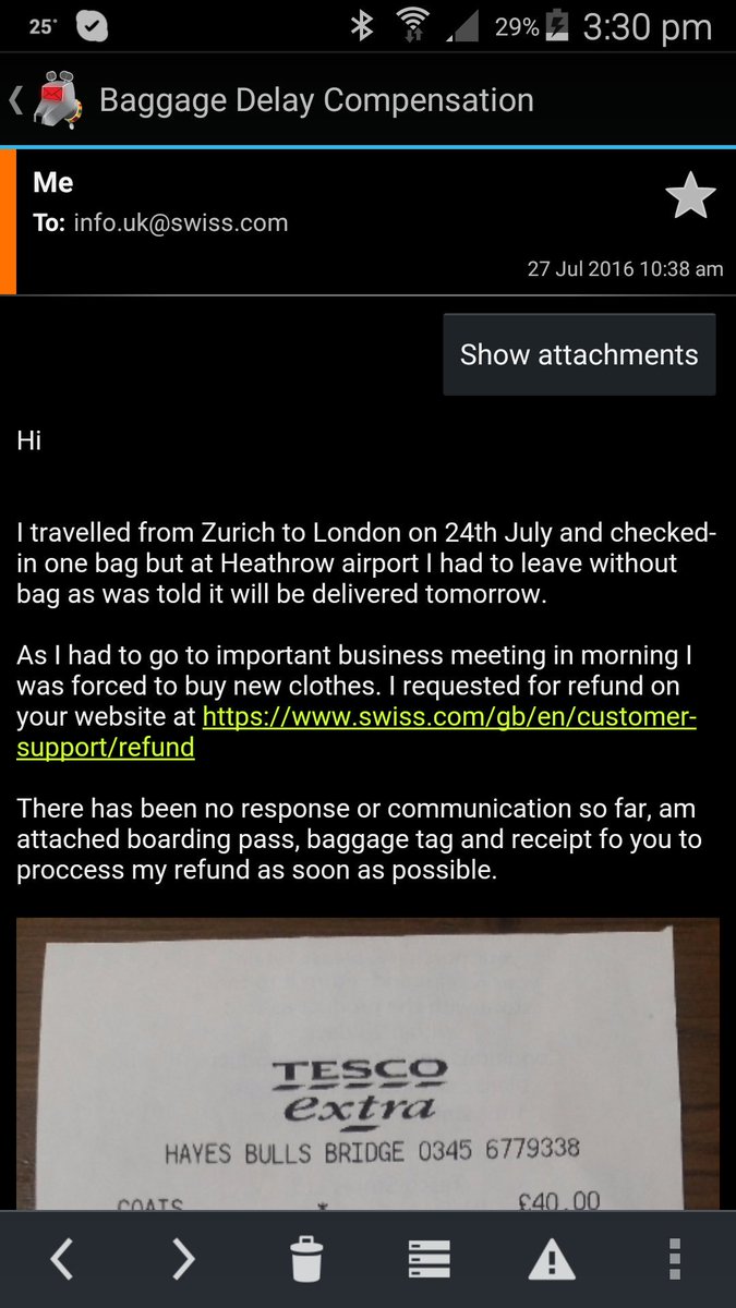 swiss delayed baggage compensation