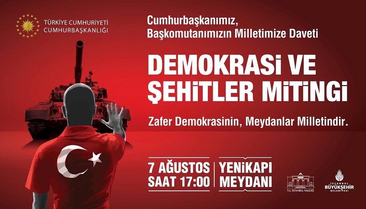 Bugün 15 Temmuz destanını taçlandırma günü.Cumhurbaşkanımızın davetiyle Yenikapı'da bir olma günü #TekMilletTekYürek